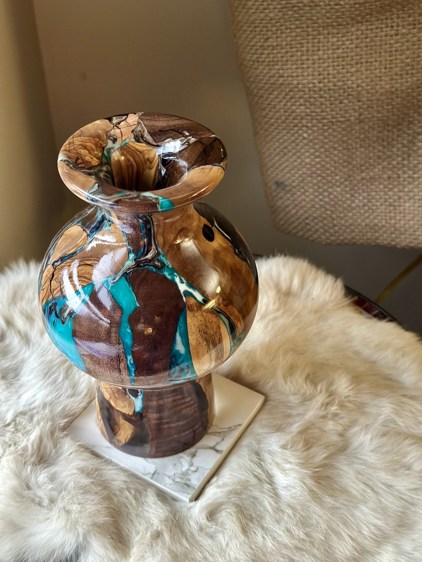 Alternate view of a custom wood and resin sculptural form